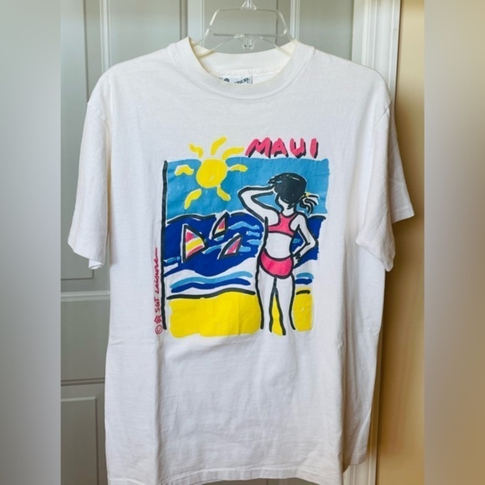 Vintage 80s Sargent Leisure Maui Graphic T-Shirt White Beach Surf Art Tee Large